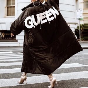 Black Women's Puffer Jacket with Bold Lettering